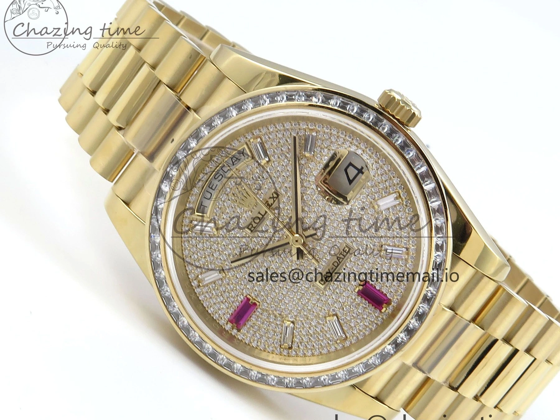 0205 DayDate 40 YG QF 1:1 Best Edition Pink Diamonds Dial Diamonds Bezel on President Bracelet A2836 V5 (Gain Weight) ZipUp 488
